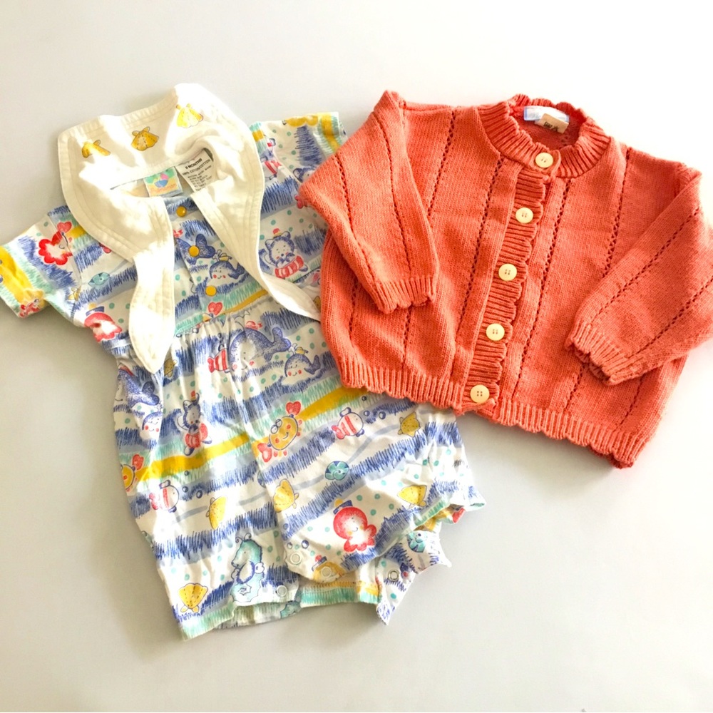 Vintage French preppy baby bundle Premaman romper & cardigan unisex 9 - 12 mo